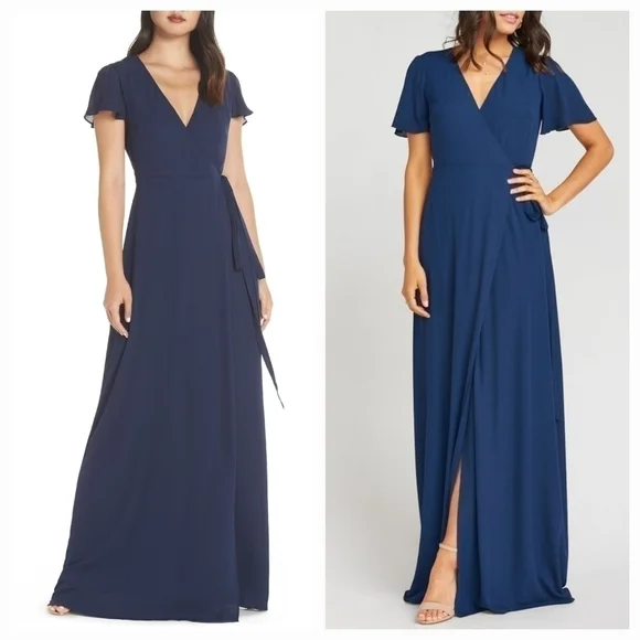 Show Me Your MuMu Noelle Wrap Maxi Dress Navy Flutter Sleeve V-Neck Small - Picture 1 of 10